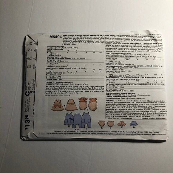 🛒 $6 Sewing Craft Pattern M6494 Infants' Dress, Rompers, Jumpsuit, Panties Hat - Picture 5 of 5